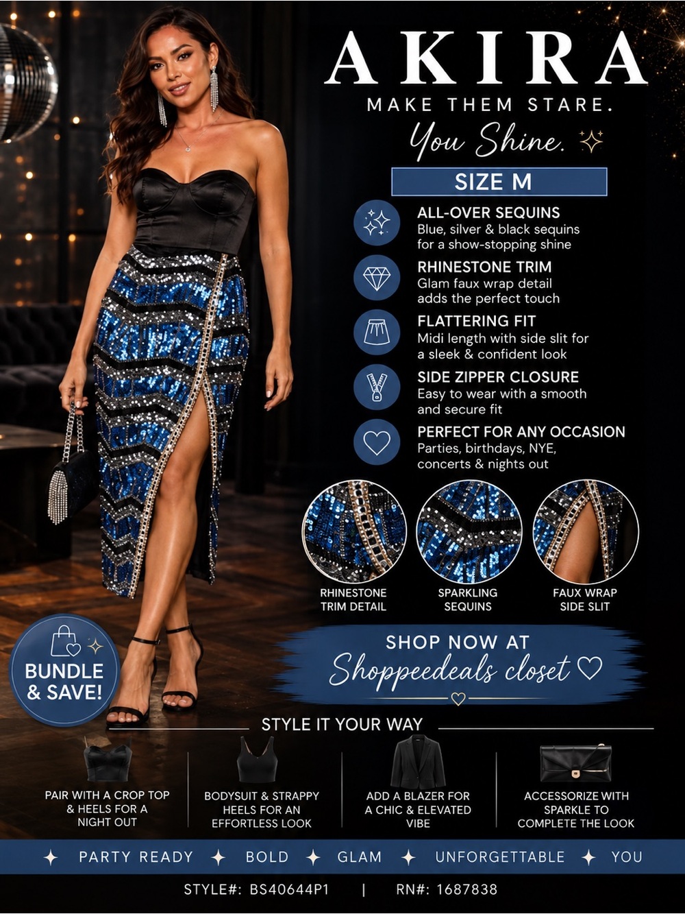 AKIRA Blue & Silver Sequin Wrap Midi Skirt | Size Medium | Party Glam Statement